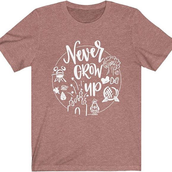 NEW "Never Grow Up" SS T-Shirt Heather Mauve Various Sizes - Picture 3 of 7